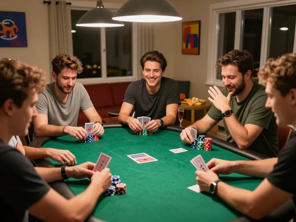 Friends enjoying a poker game at home, capturing the social atmosphere of 88aa gameplay.
