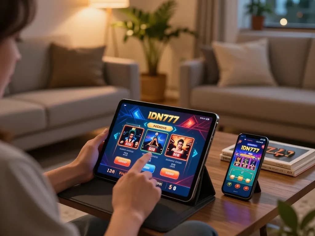 Pemain IDN777 terlibat dengan aplikasi kasino di tablet, menikmati pengalaman bermain game di rumah yang nyaman.