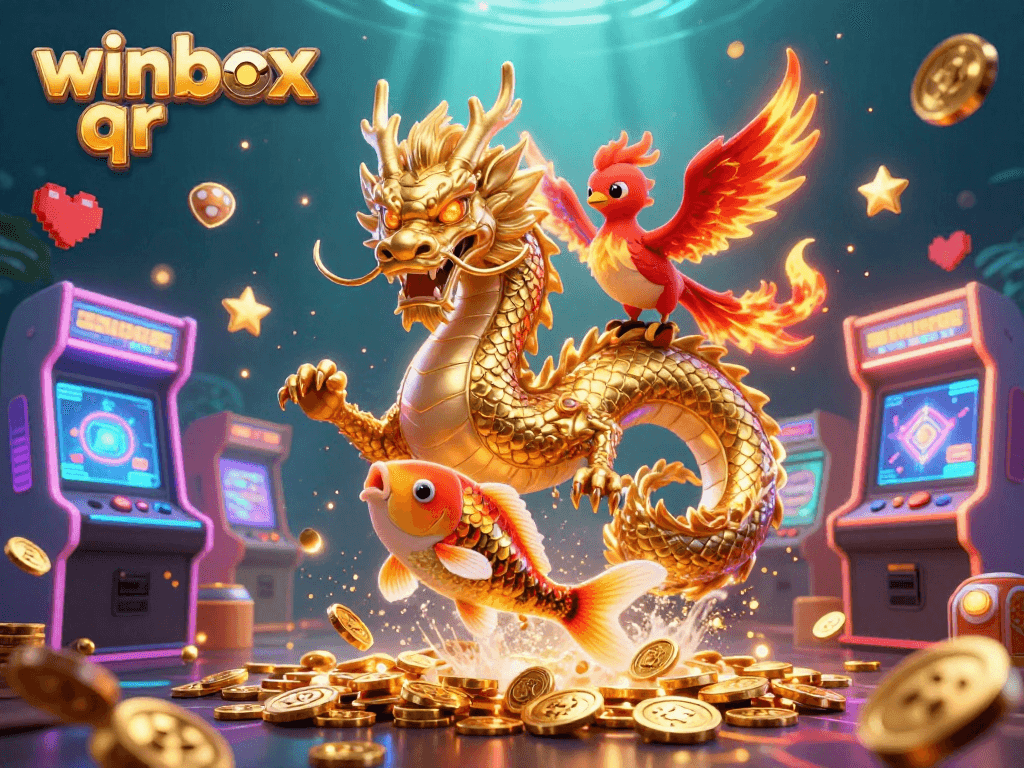 Winbox QR showcases vibrant gaming elements with a dragon, phoenix, and koi fish amidst a coin shower.
