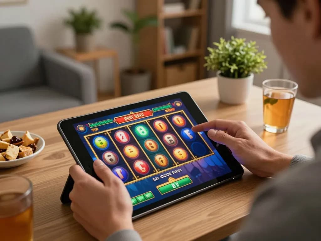 Player excitedly spins the reels on a 777VIP online slot game in a cozy home setting.
