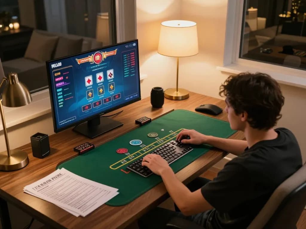 Player strategizing on aw8 casino games in a comfortable home setup showcasing focused gameplay.