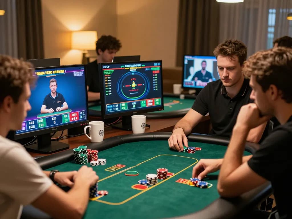 Nohu90 players engaged in strategic online poker gameplay, showcasing vibrant virtual designs and high-stakes competition.