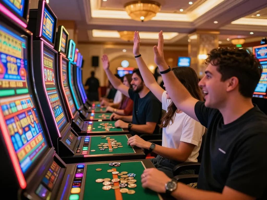 Players enjoying thrilling moments at Mesingg slot machines, celebrating wins