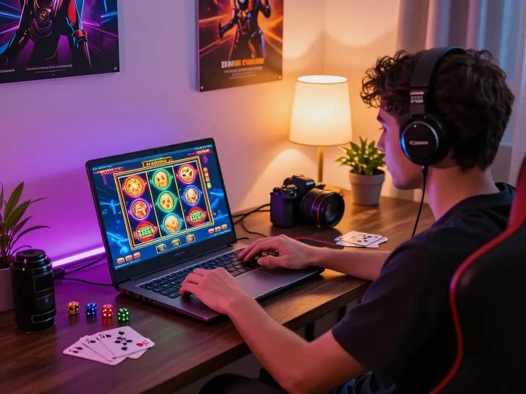 Exciting online gaming experience at https://luckywin.free/ showcasing vibrant slot game graphics and a cozy gaming setup.
