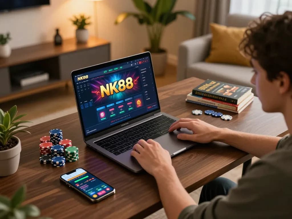 Engaging in NK88 online gaming with a laptop setup showcasing casino elements and betting strategies.