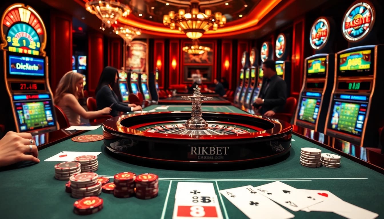 Experience the thrill of betting at rikbet1.cn.com with a vibrant casino scene filled with exciting tables and players.