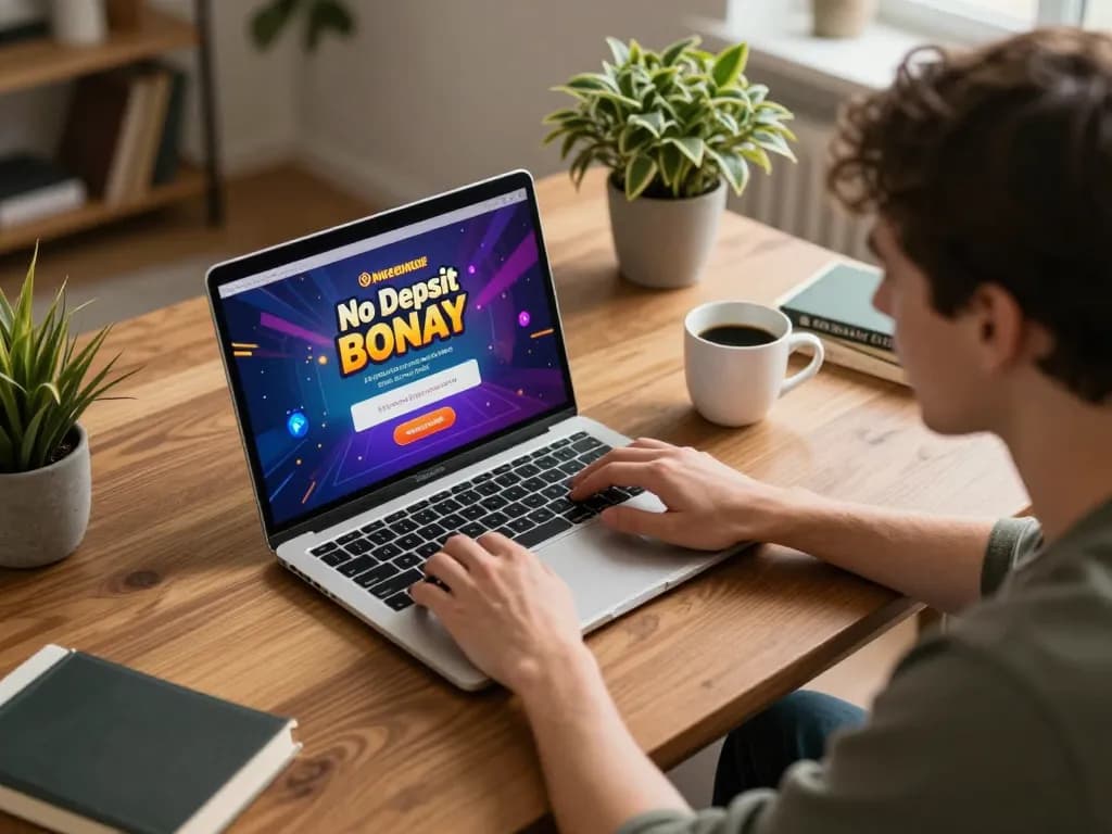 No Deposit Bonus showcased on laptop screen, illustrating an engaging online casino gaming experience at home