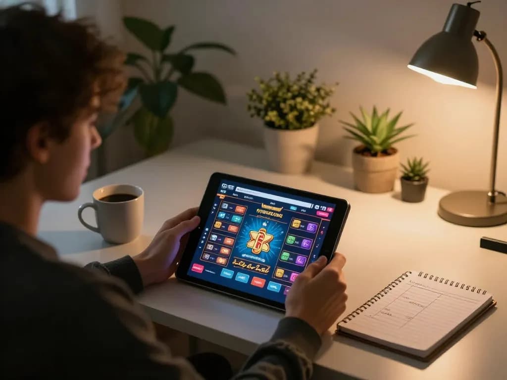 Engaging with online casinos through a tablet, showcasing strategic betting at home.