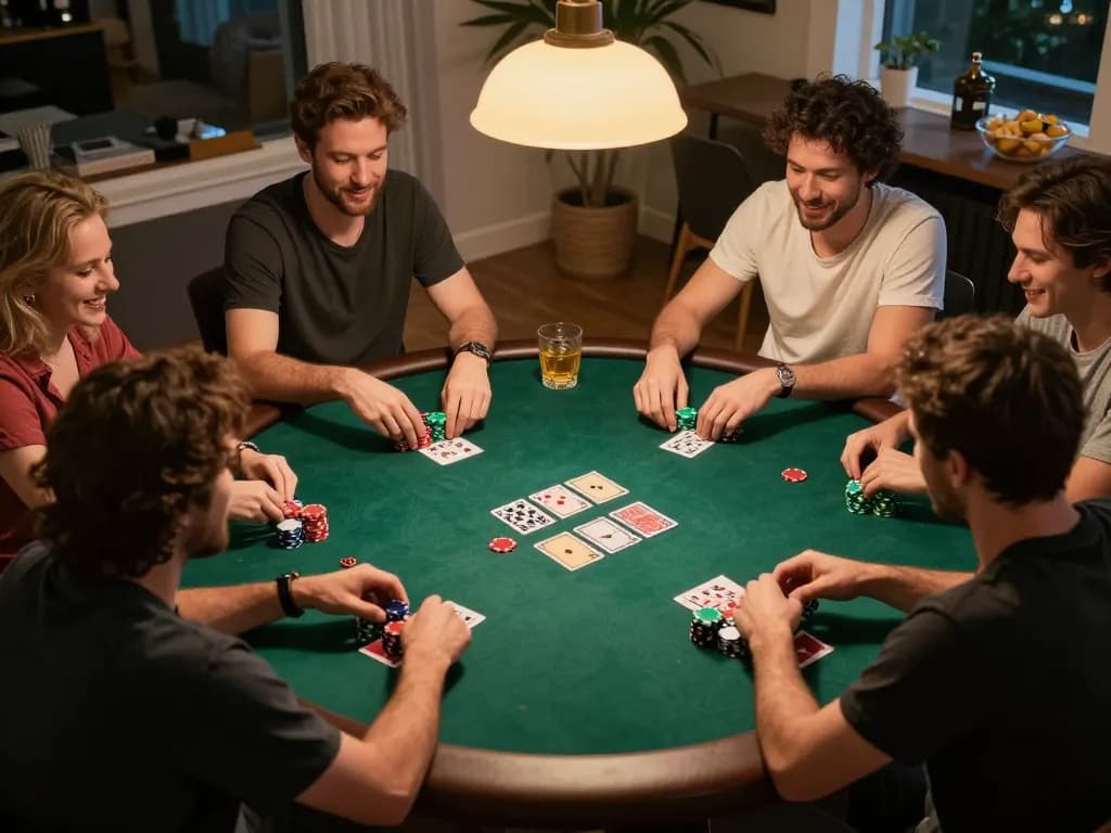 Enjoying a friendly poker game at home with 88vin, showcasing colorful chips and relaxed atmosphere.