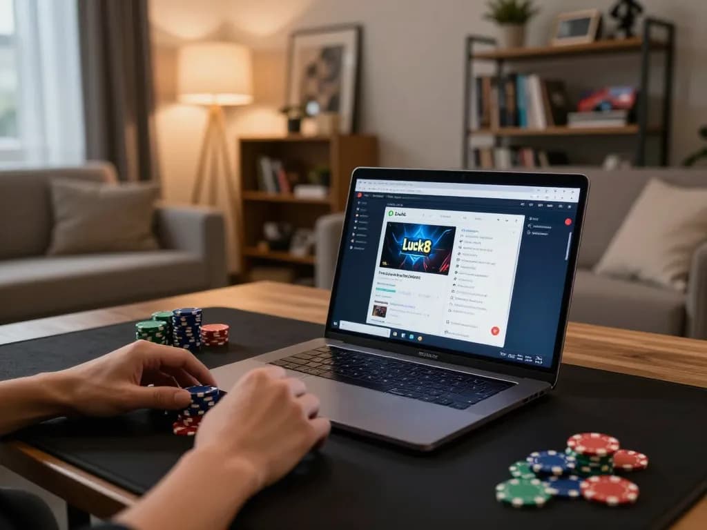 Playing online games at Luck8 trang chủ with an elegant home setup featuring laptop and cozy atmosphere.