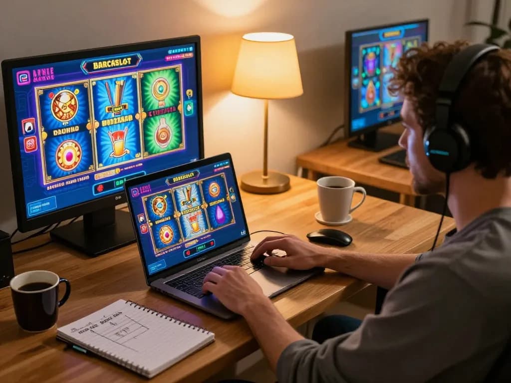 Menggunakan platform kasino online barcaslot yang menunjukkan permainan slot berwarna-warni di laptop selama sesi permainan yang nyaman