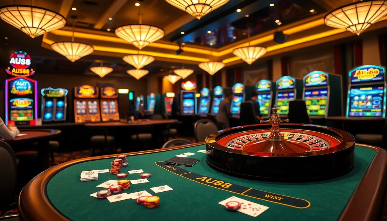 Experience the thrill of AU88 with a luxurious casino scene featuring elegant gaming tables and vibrant slots.