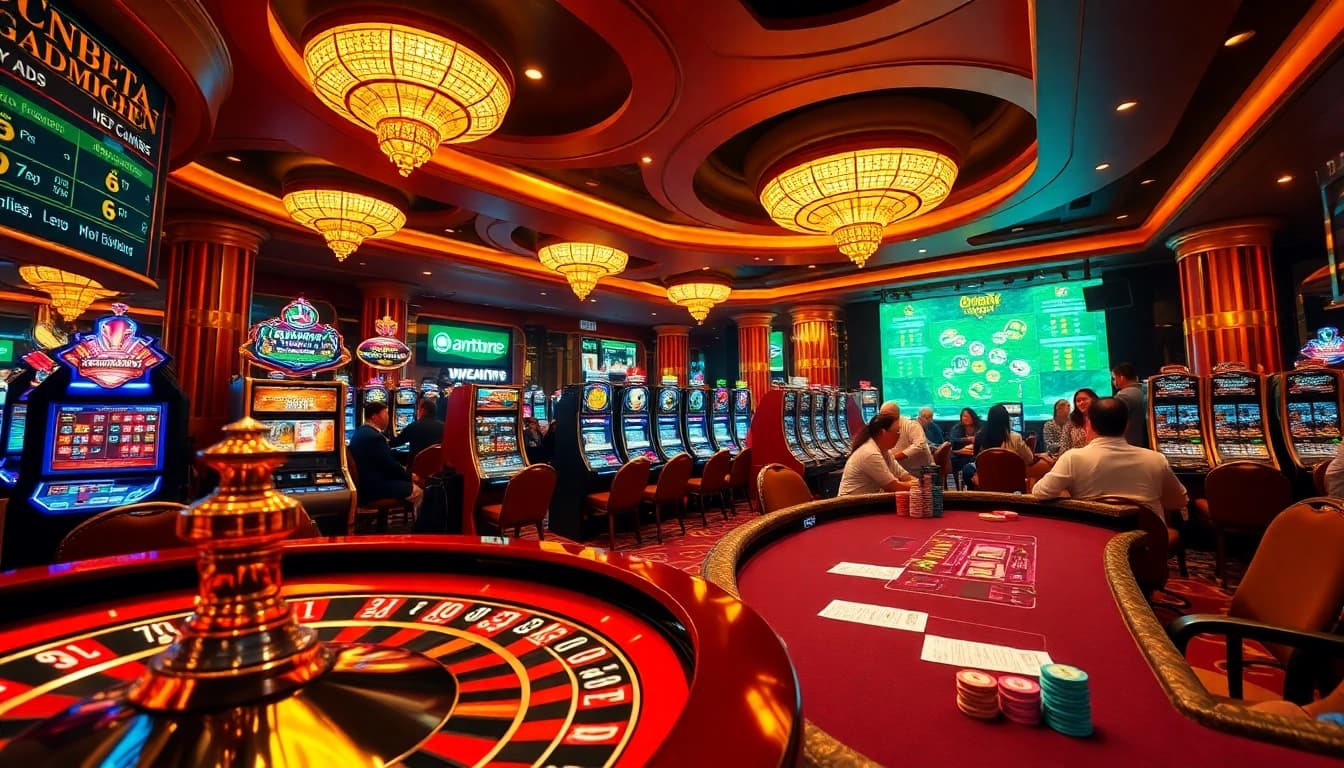 Situs toto gaming scene showcasing an opulent casino with players engaged in thrilling gambling activities