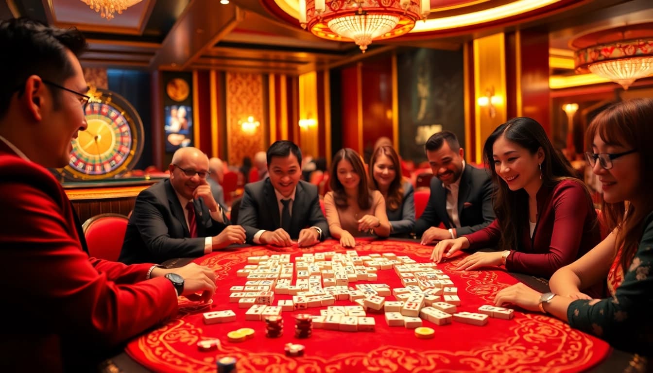 Rasakan sensasi bermain mahjong di lingkungan kasino mewah dengan dekorasi yang berwarna-warni.