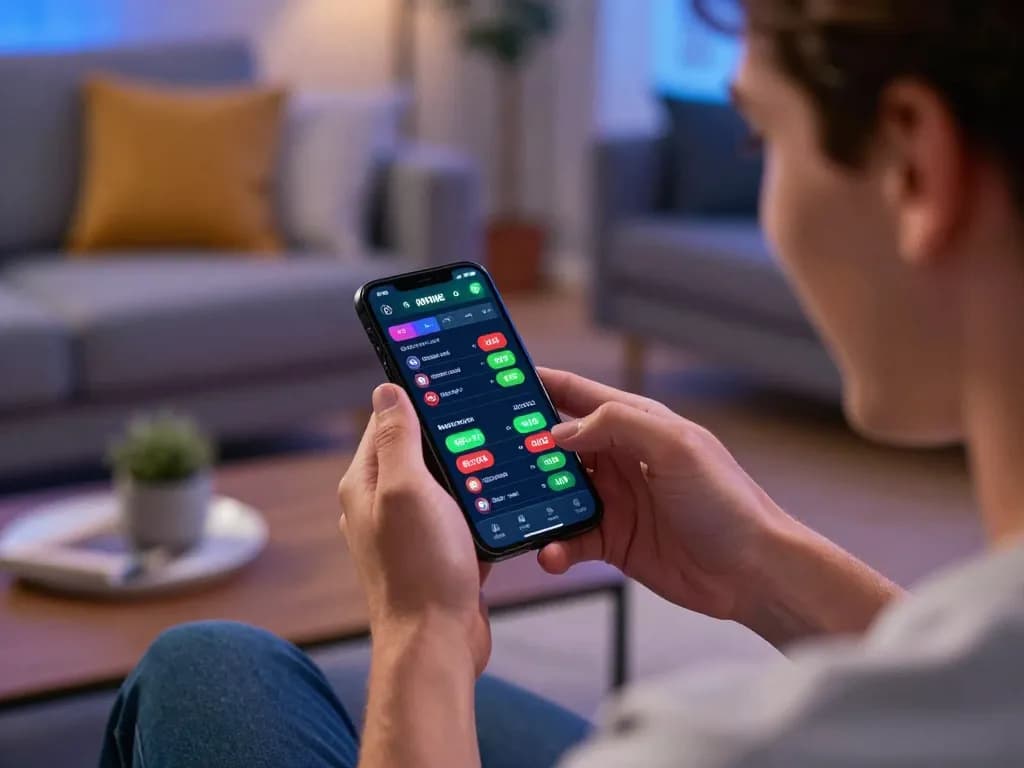 Person placing bets on bk8 mobile app, showcasing vibrant gaming interface and engagement in a comfortable setting.