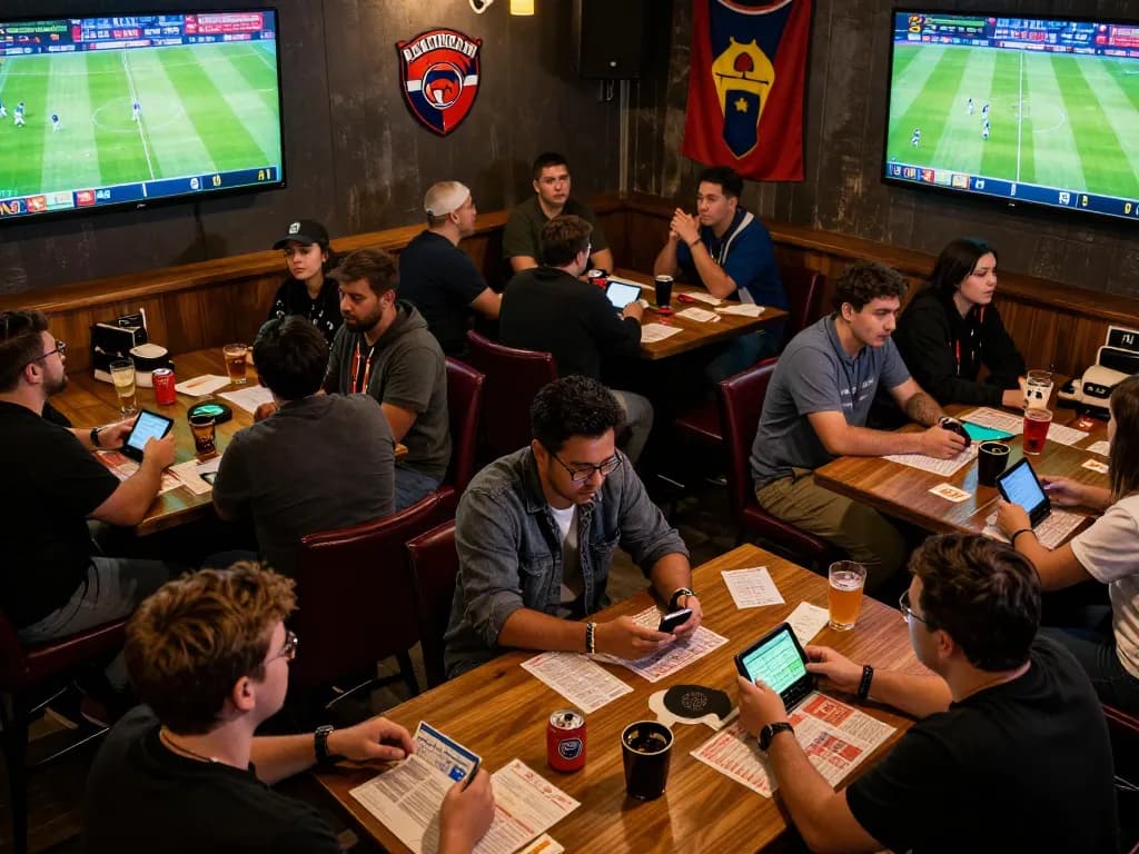 Soi Kèo sports betting scene in a lively atmosphere with passionate fans analyzing odds.