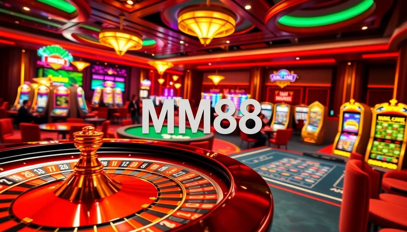 Engage at MM88 casino with spinning roulette and vibrant slot machines in a luxurious atmosphere.