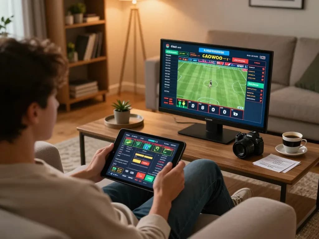 Engaging in online betting at home with God55 via tablet, showcasing live sports and a casual atmosphere.