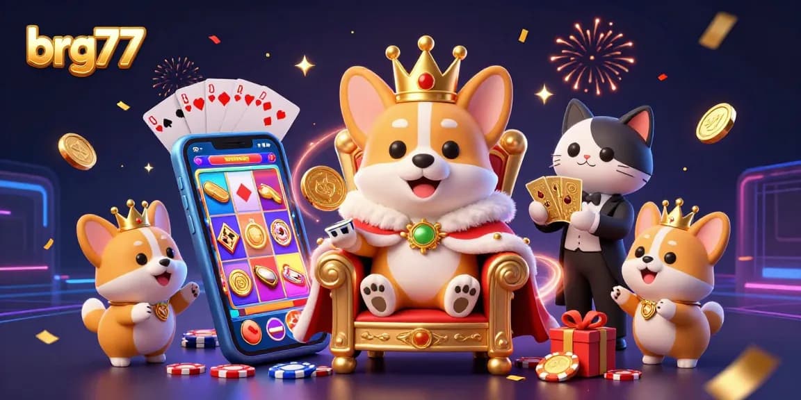 Experience the thrill of gameplay with brg77, featuring a royal corgi amidst casino elements.