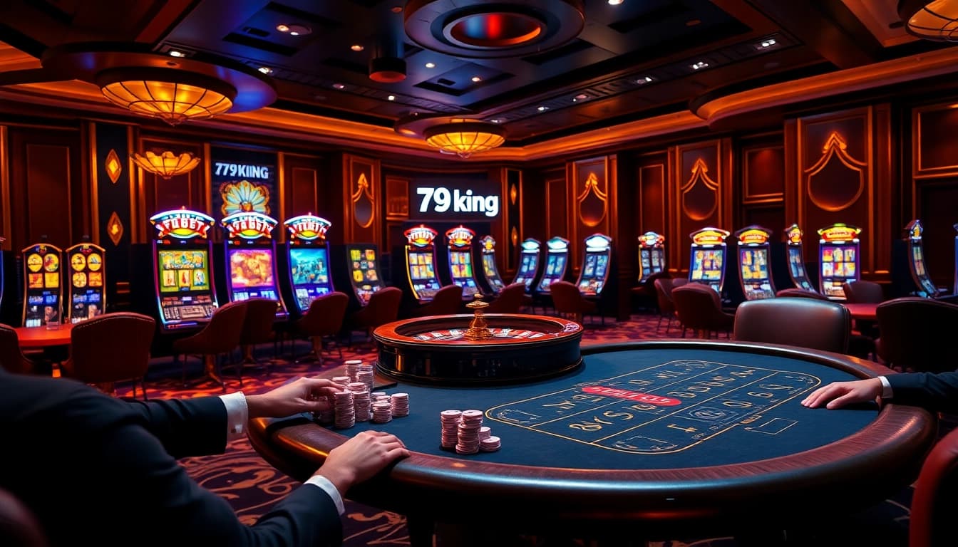 Players engage at a luxurious poker table in the thrilling atmosphere of 79king casino.