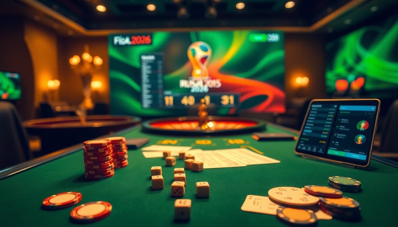 Situs Judi Bola Piala Dunia 2026 betting scene showcasing vibrant casino table action with cards and chips.