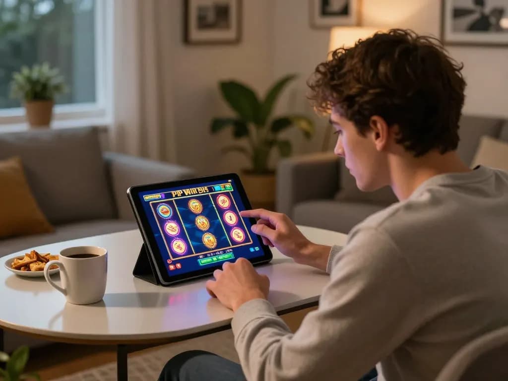 Engage in online pokies Australia with vibrant game graphics displayed on a tablet during a cozy home gaming session.