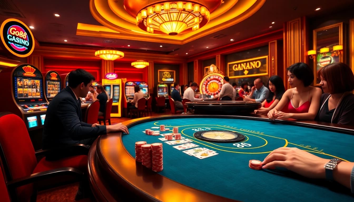 A dynamic Go88 casino scene depicting vibrant gaming activities with poker chips and slot machines.