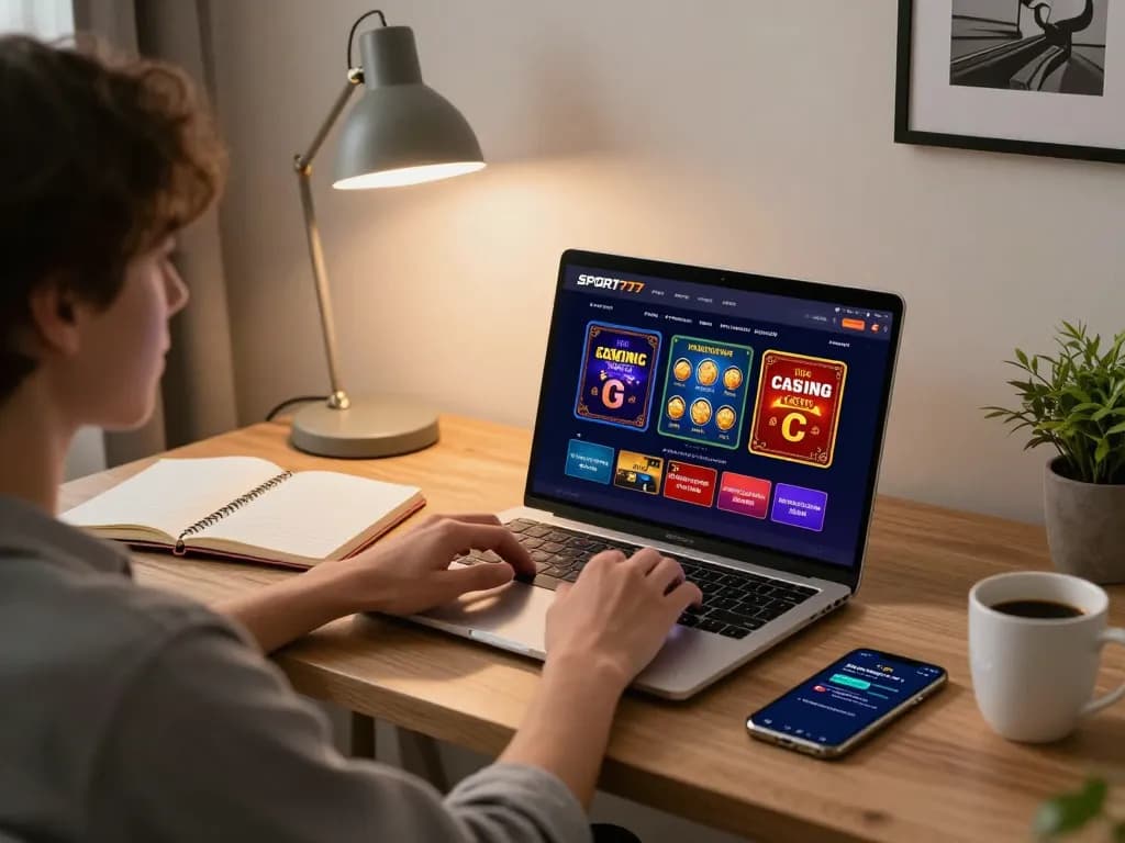 Pengaturan permainan online yang menarik dengan antarmuka SPORT777 terbuka, menampilkan strategi judi yang bertanggung jawab.