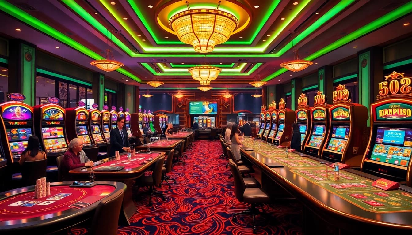 Experience the excitement of Typhu88 with engaged gamblers at a luxurious casino setting.