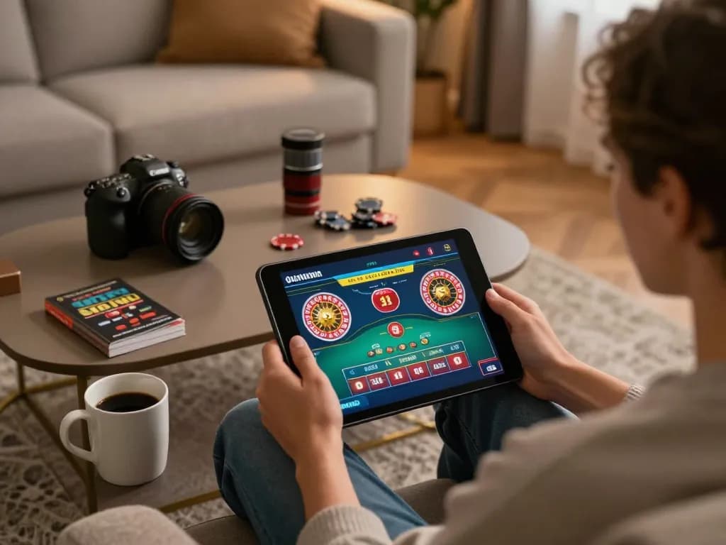 Fun88 user's relaxed online gaming experience with tablet showcasing live casino games.