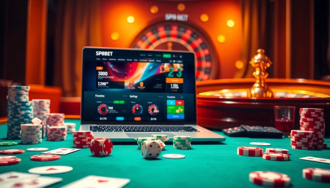 Experience high-stakes gambling with SP8BET's vibrant casino scene featuring cards and roulette.