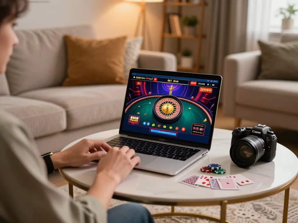Engaging with F168's live dealer game on a laptop in a cozy home setting, showcasing a strategic online gambling experience.