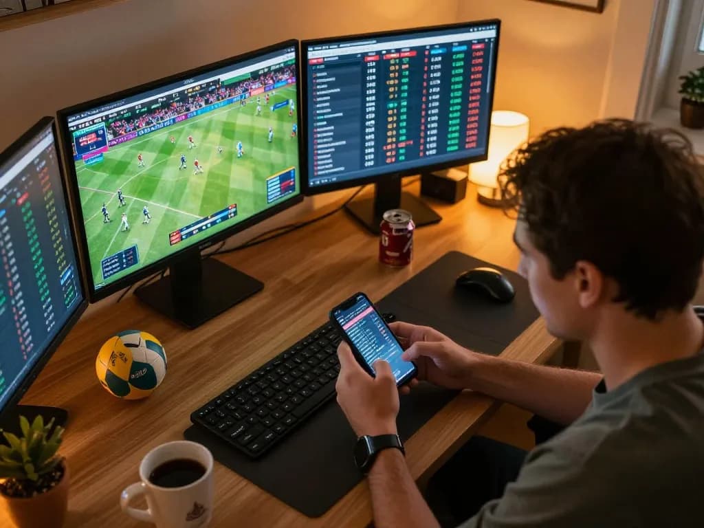 Engaging with fun88 for live sports betting and odds analysis in a modern home office setting