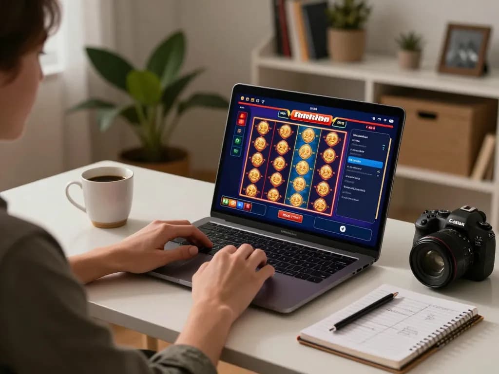 Engaging in online casino gaming on Betbdt with vibrant slot visuals and strategic notes around.