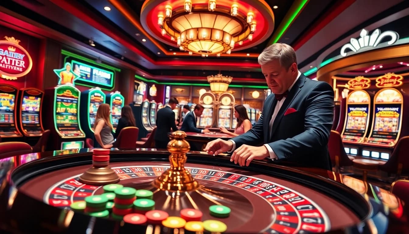 bro138 gaming excitement at a vibrant casino with roulette and slot machines.