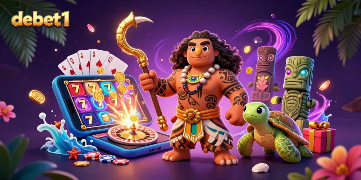 Engage with debet1's vibrant casino scene featuring a demigod, slot games, and tropical elements.