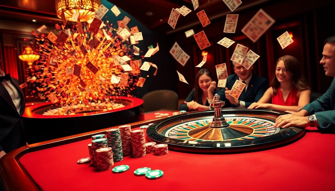 The explosion of a prize-winning lottery celebration in a luxurious casino atmosphere featuring joyful gamblers and vibrant lottery tickets.