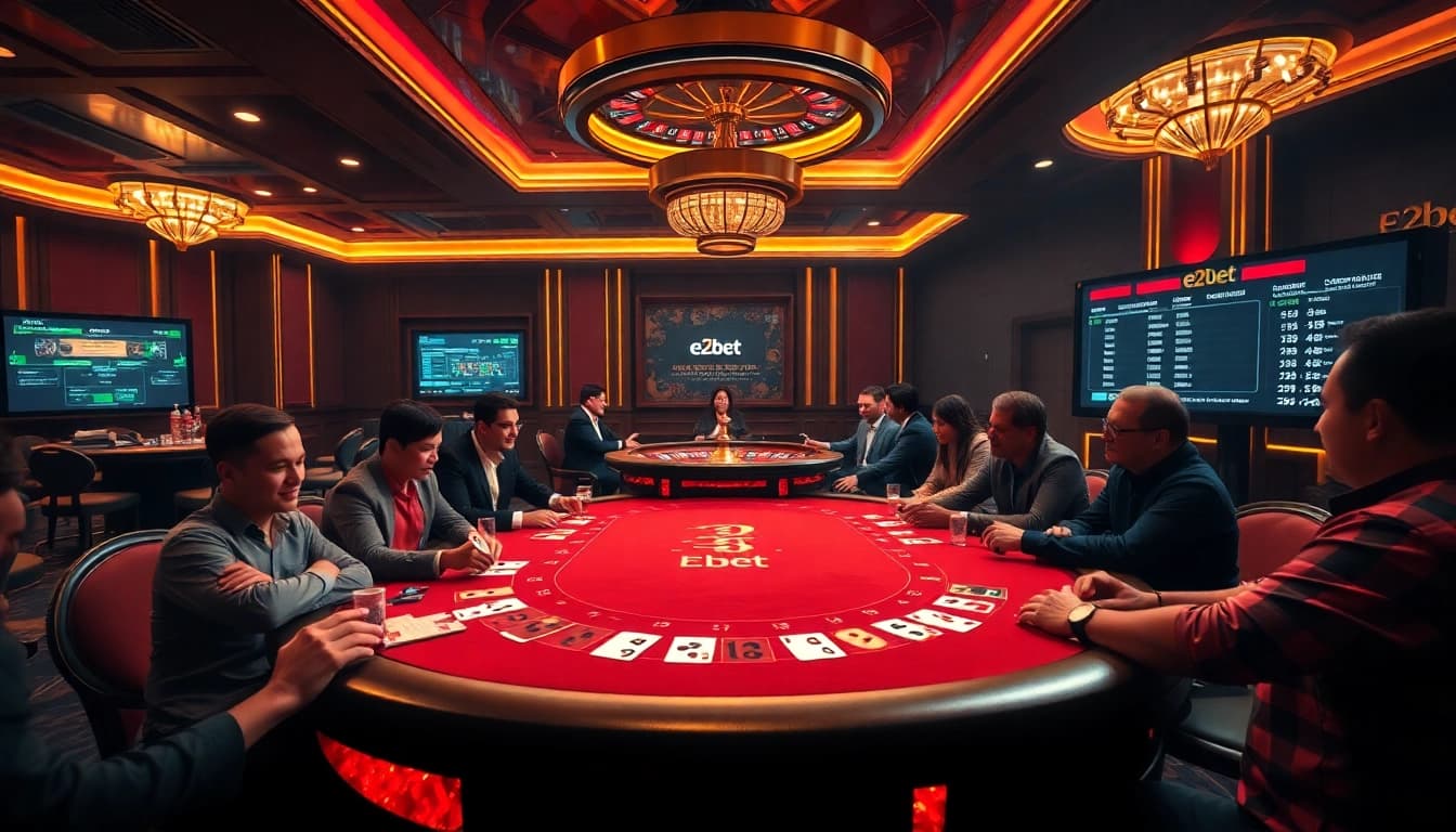 E2bet players engaging in an exciting game at a high-stakes poker table in a luxury casino.