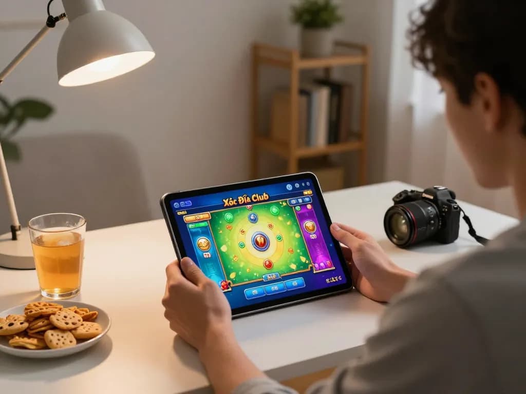 Xóc Đĩa Club player engaged in online gaming on tablet, showcasing modern gambling lifestyle.
