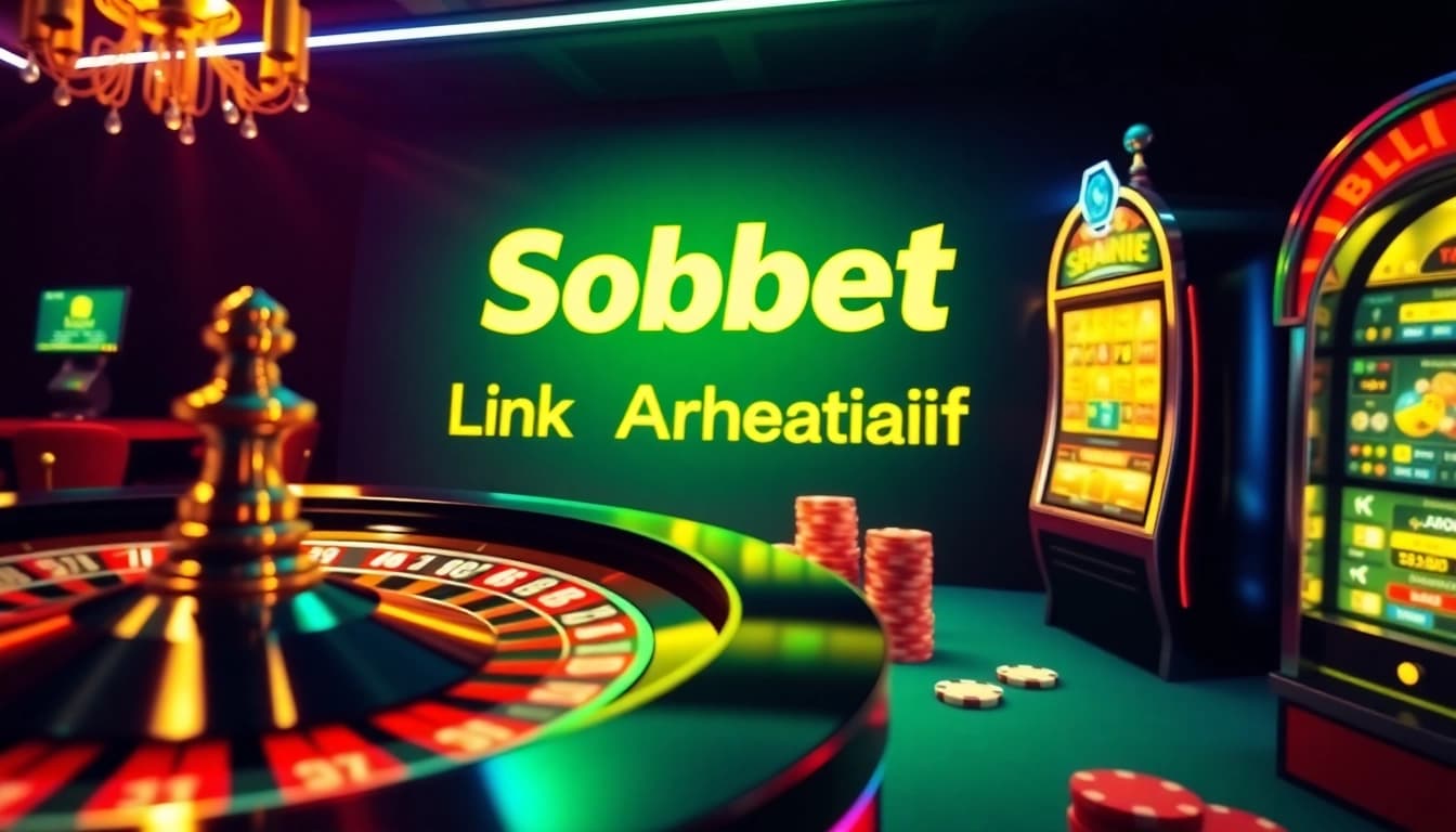 Sbobet link alternatif showcasing an exciting online casino atmosphere with poker chips and roulette wheel.