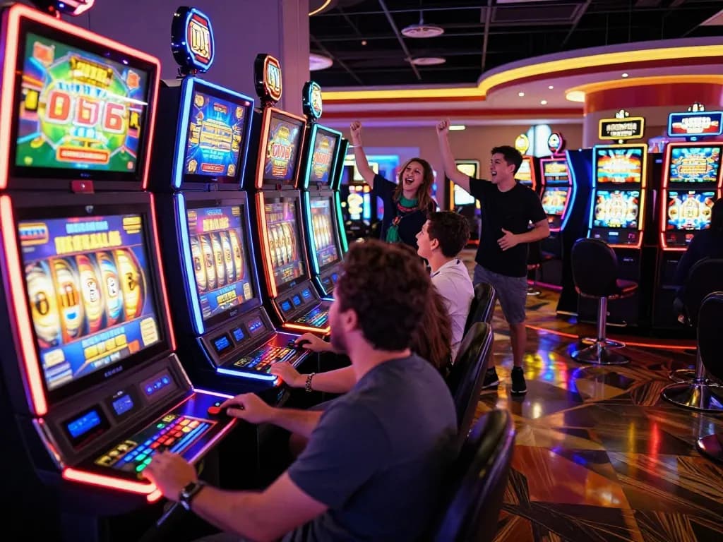 Players enjoying exciting slot machines, colorful reels spinning in a vibrant casino atmosphere.