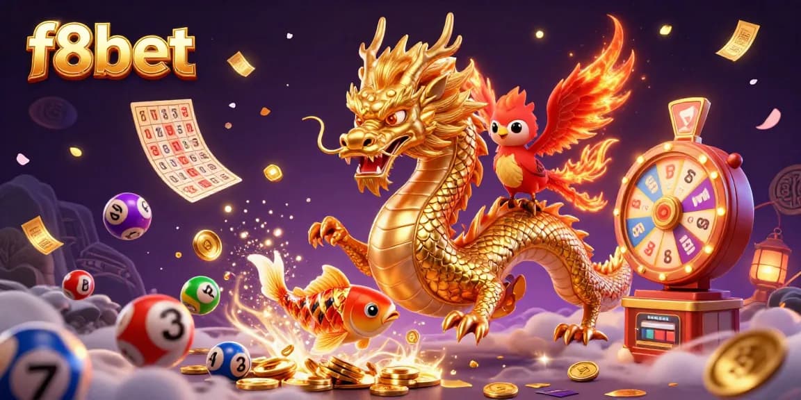 Spin and win with F8bet in an elaborate 3D casino scene filled with vibrant lottery elements.