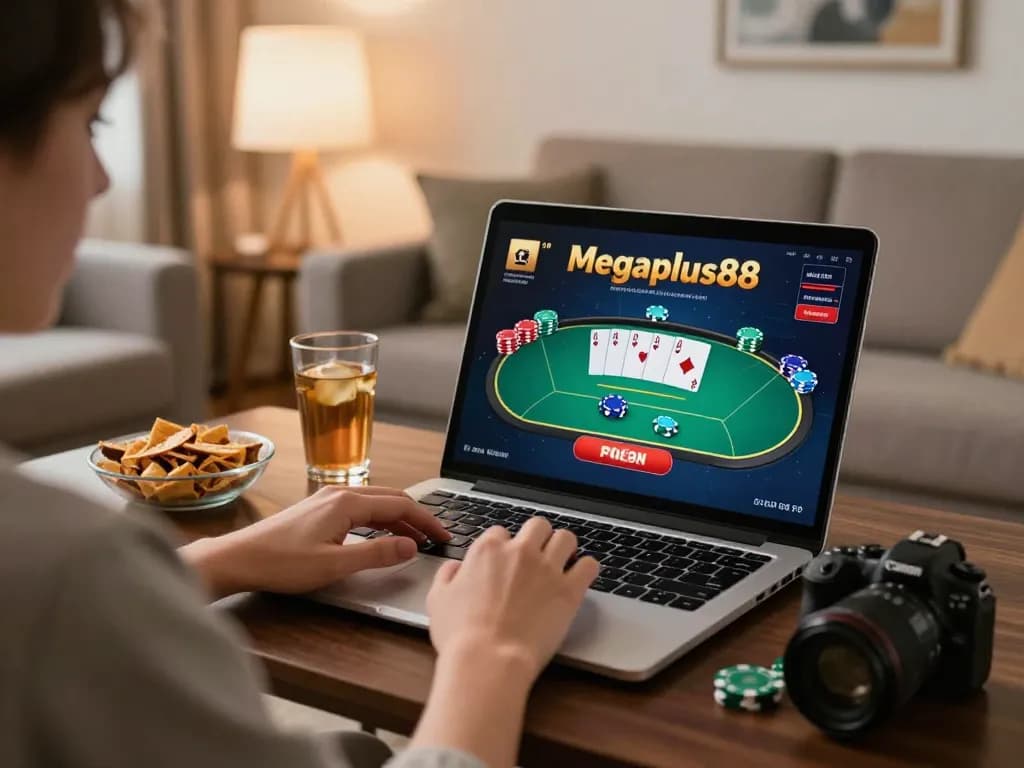 Player enjoying online gaming at megaplus88 with laptop showing poker game.