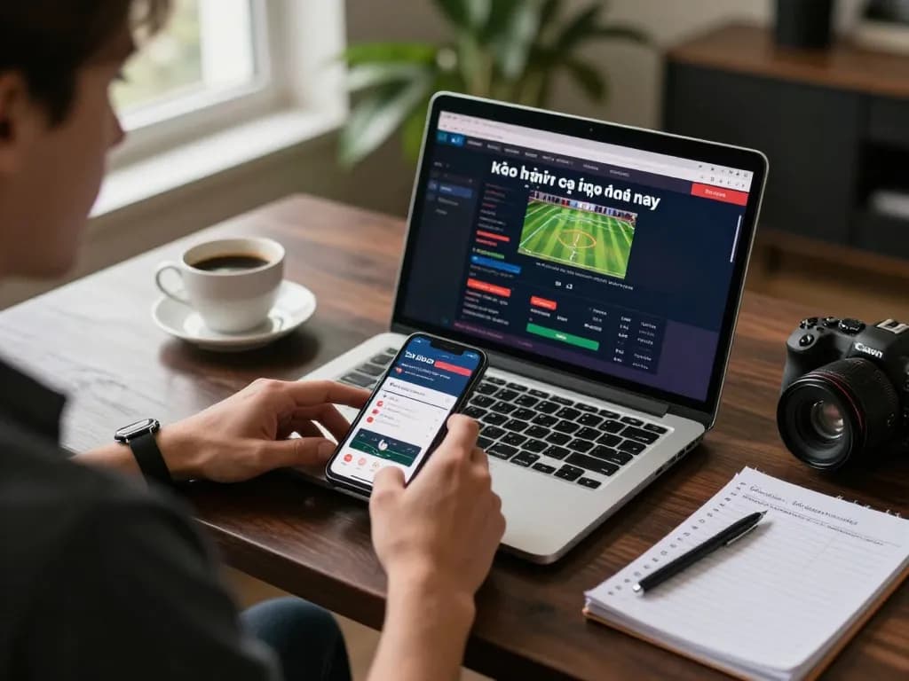 Engaging user checking kèo nhà cái hôm nay on laptop, emphasizing responsible sports betting