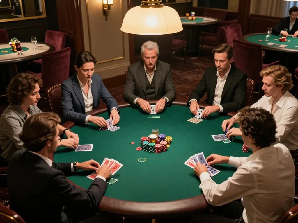 Kuwin players engaged in a high-stakes poker game, showcasing strategic moves at a luxurious, friendly table.