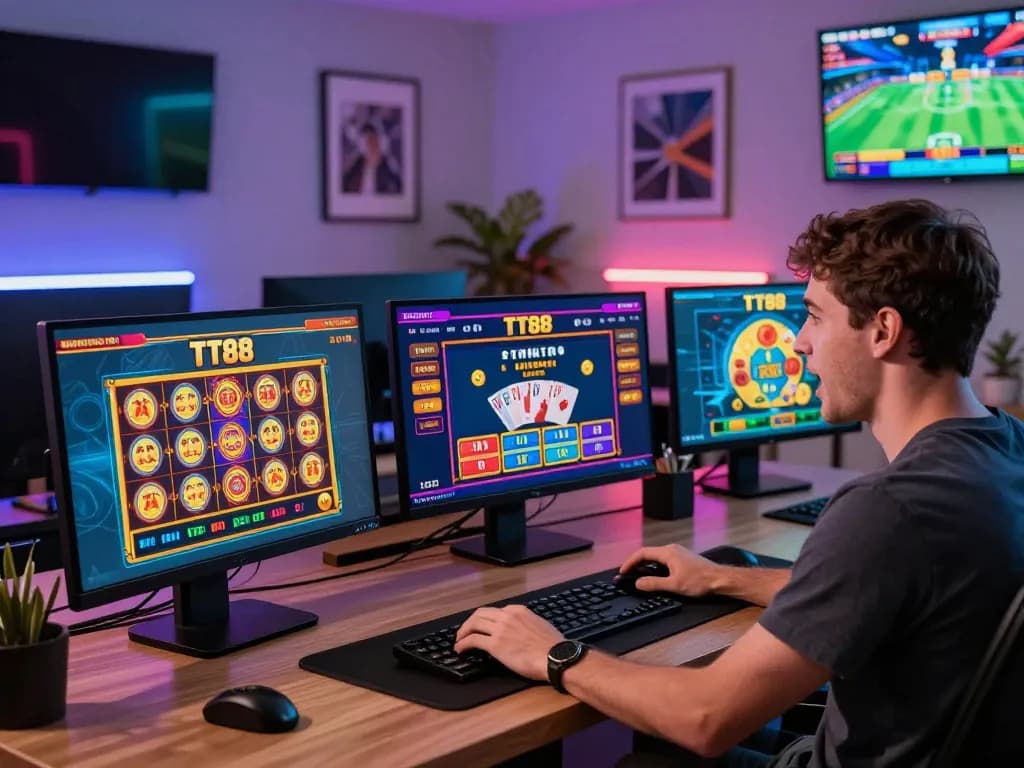 Engaged player using https://tt88.mex.com/ to place bets in a modern home office, surrounded by colorful game graphics.