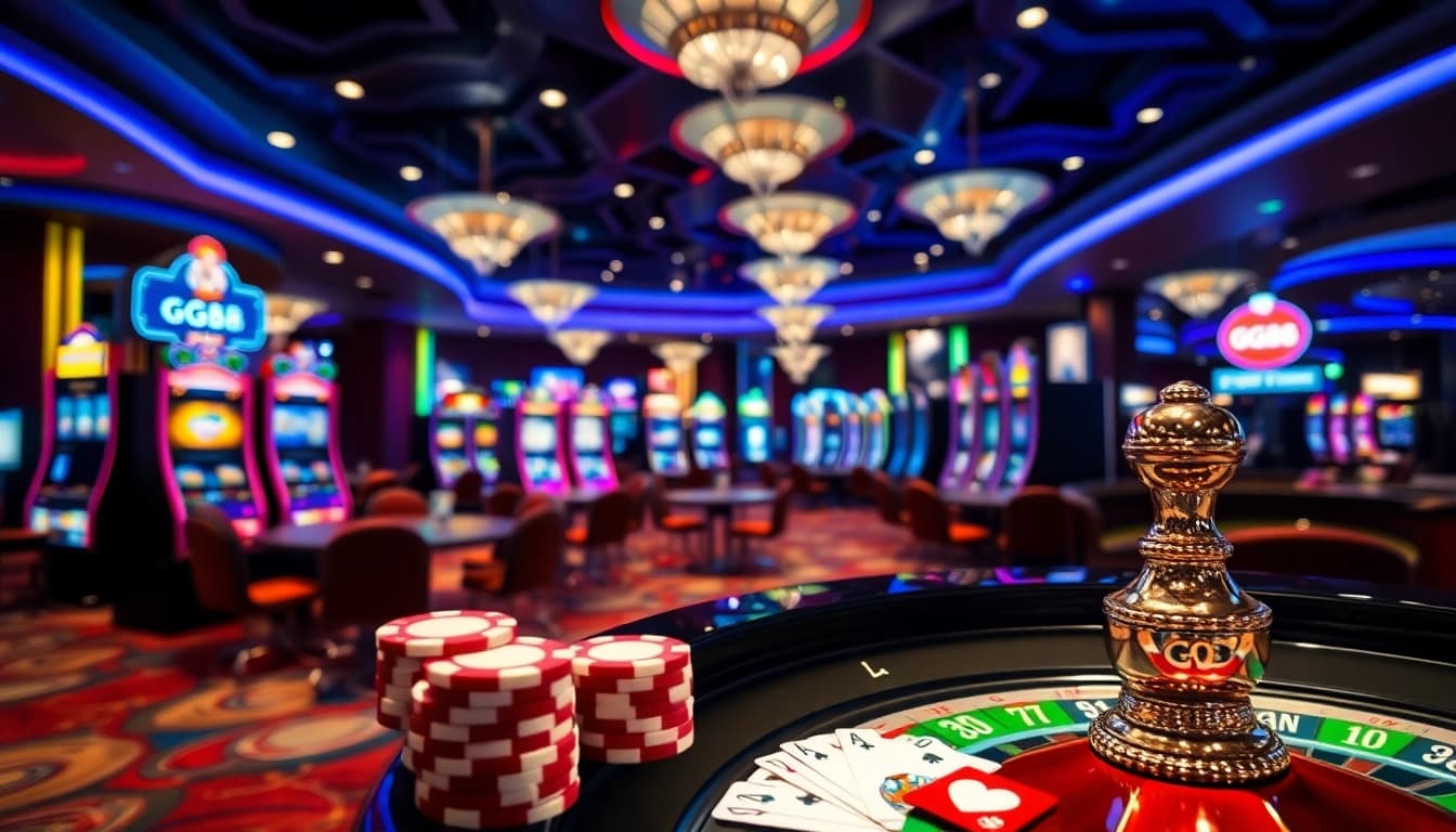 Exciting casino scene with GG88-themed poker chips and vibrant card tables, capturing the thrill of gambling.