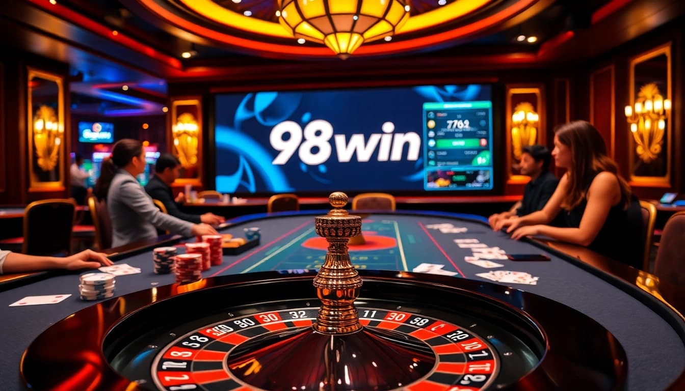 Experience the thrill of 98win blackjack with players at an exciting casino table.