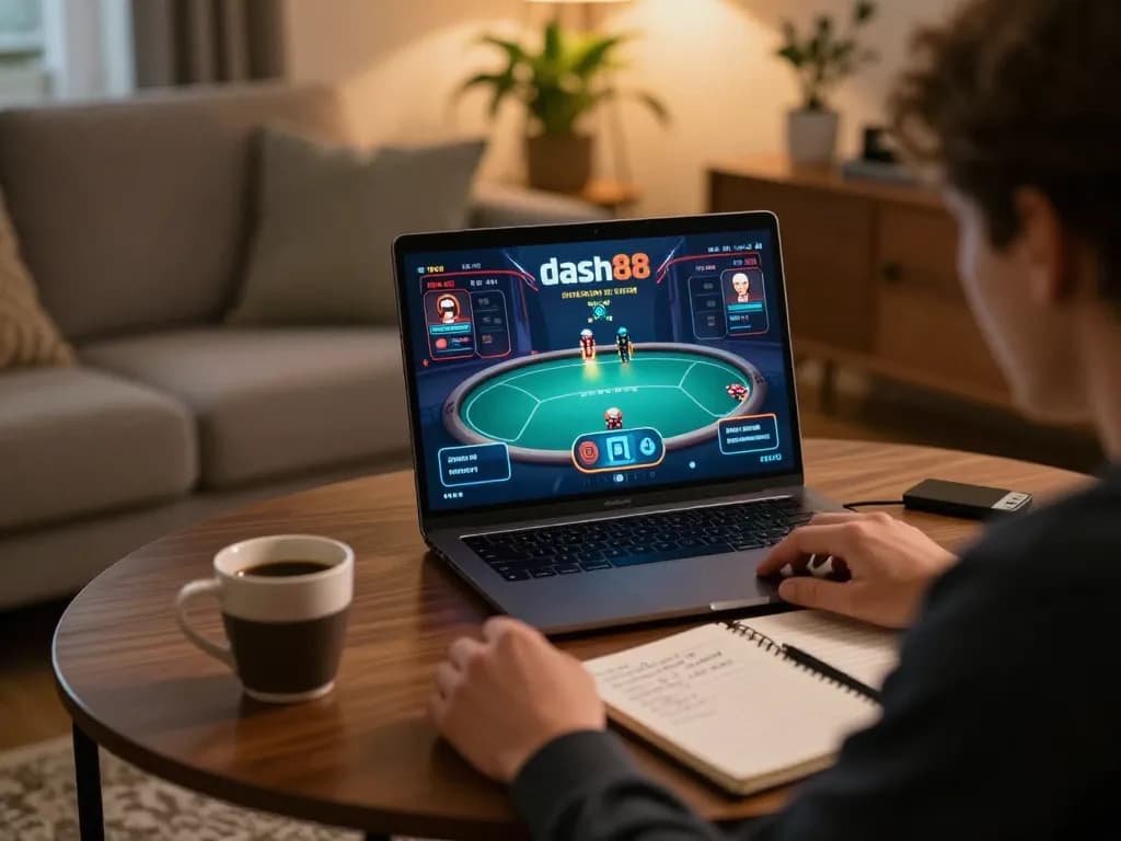 Engaging with dash88 online poker at home, laptop on table, strategy notes visible.