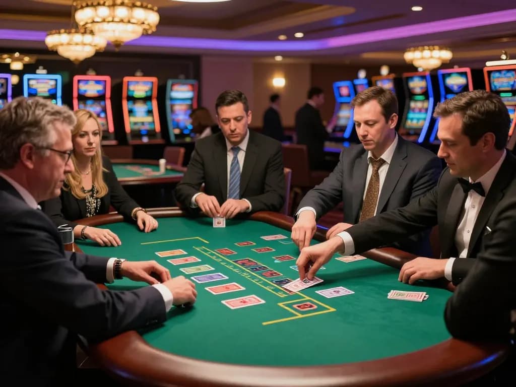 Players engaging in a strategic blackjack game at a glamorous casino, showcasing debet betting dynamics with cards and chips